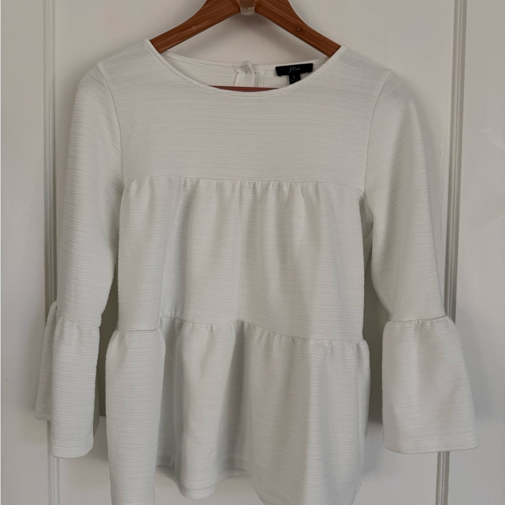 J. Crew White Textured Peplum Tunic with Bell Sleeves